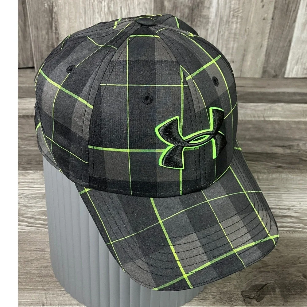 Under Armour Plaid Baseball Cap Hat Grey Black Neon Green Grid Embroidered Logo